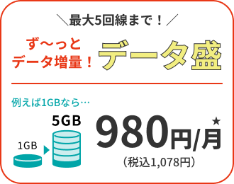 쭉 ~ 계속 데이터 증량! 데이터 盛｜5GB：980엔(부가세 포함 1,078엔)/월