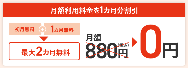月額利用料金を1カ月分割引 初月無料+1カ月無料→最大2カ月無料 月額800円(税抜)→0円