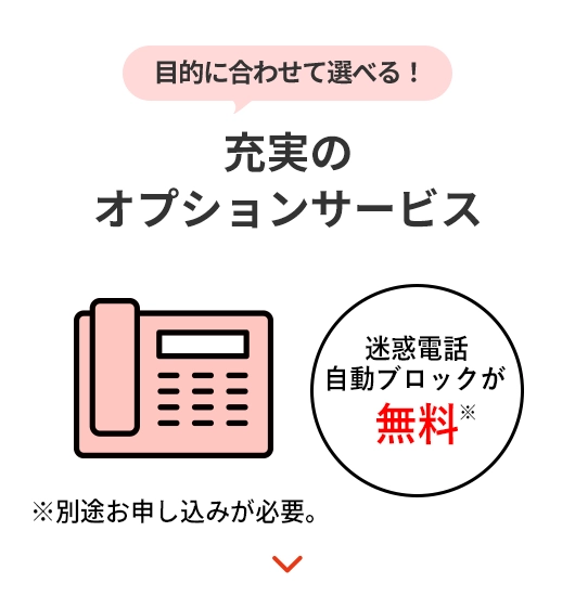 目的に合わせて選べる！ 充実のオプションサービス 迷惑電話自動ブロックが無料 ※別途お申し込みが必要。