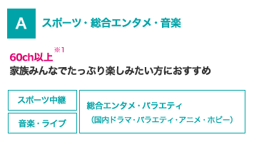 A スポーツ・総合エンタメ・音楽 61ch以上※1 家族みんなでたっぷり楽しみたい方におすすめ スポーツ中継 総合エンタメ・バラエティ(国内ドラマ・バラエティ・アニメ・ホビー) 音楽・ライブ