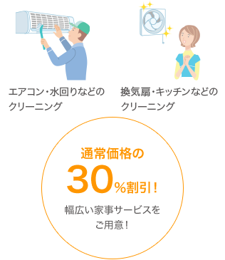 エアコン・キッチンのクリーニングなど、換気扇のクリーニングなど、通常価格の30%割引!幅広い家事サービスをご用意!